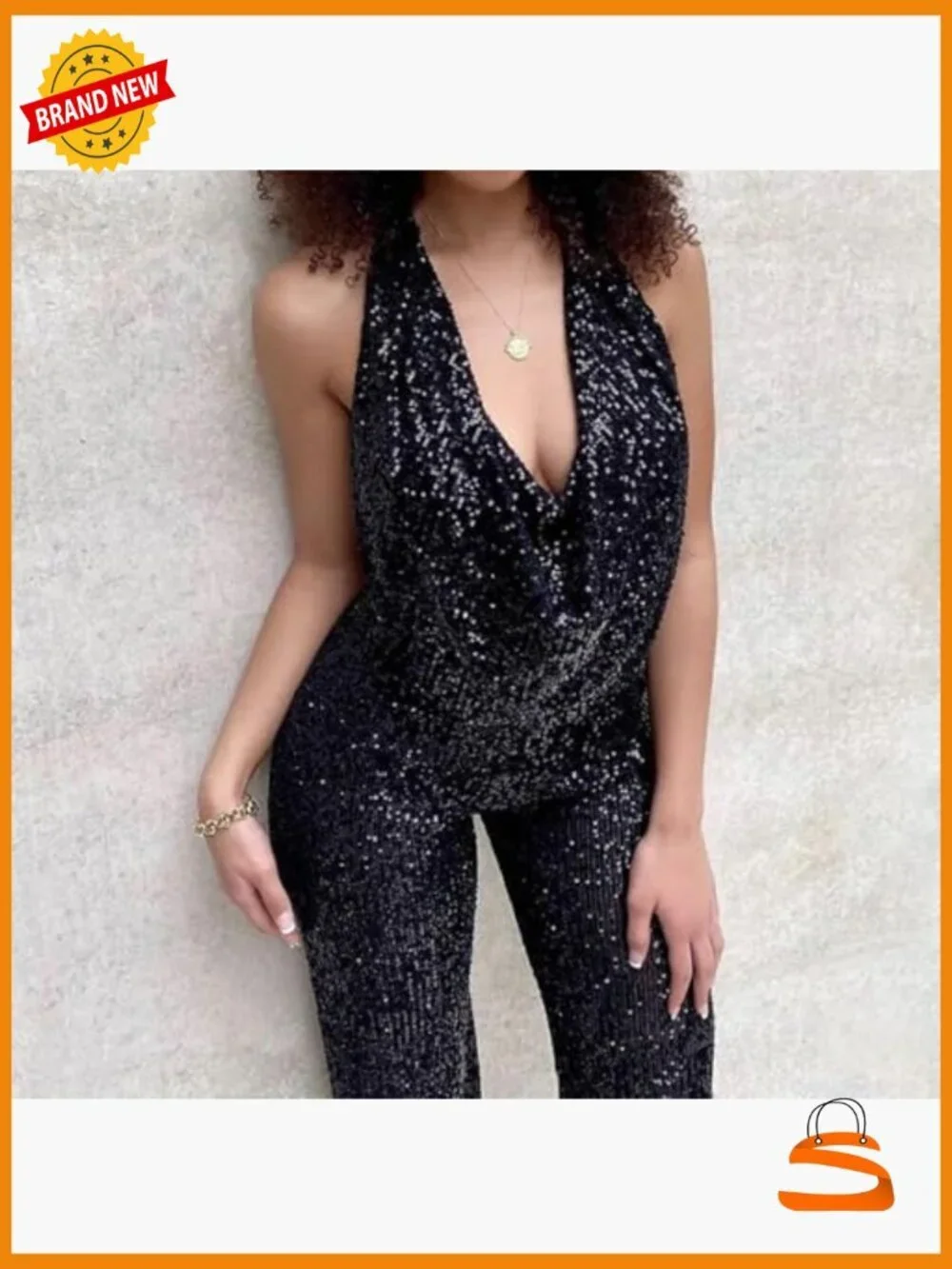 Halter Neck Sequin Jumpsuit Backless Wide Leg Glitter Pants